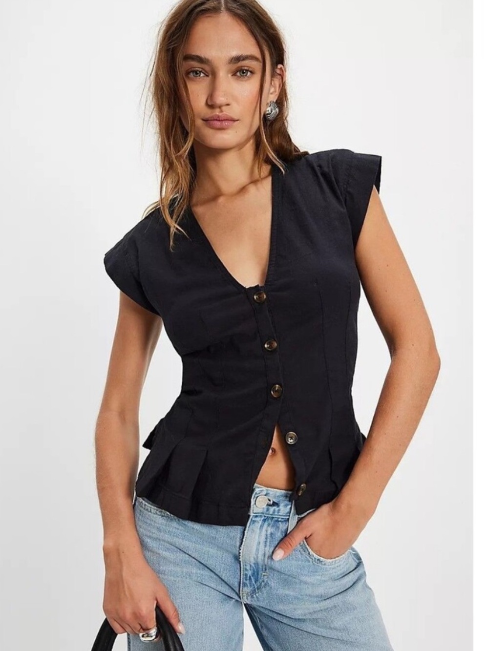 Free People Dylan Vest Blouse Top Shirt Buttondown Capped Sleeve Black Sz S